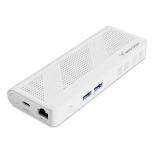 Front render of the compact Minisforum S100 PC stick, highlighting its array of ports: USB3.2 Gen2 Type-A, HDMI, USB3.2 Gen2 Type-C, and RJ45 2.5G Ethernet. Powered by the Intel N100 processor, this device ensures low power consumption and quiet performance. It also supports PoE IEEE 802.3at, enhancing both power delivery and efficiency
