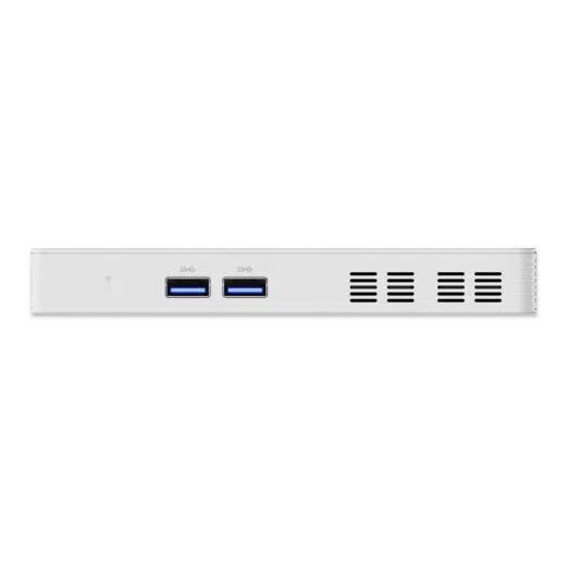 Side render of the Minisforum S100 PC stick, displaying its slim and compact profile. Visible ports include USB3.2 Gen2 Type-A, HDMI, USB3.2 Gen2 Type-C, and RJ45 2.5G Ethernet. Equipped with the Intel N100 processor, the device offers low power consumption, quiet operation, and supports PoE IEEE 802.3at for efficient power delivery