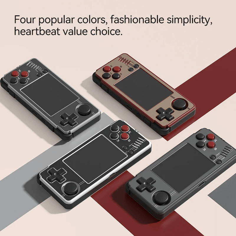 Miyoo A30 3 MiYoo A30 in red and golden colors, black & white, black, and black & gray, showcasing a range of stylish options for retro gaming enthusiasts.