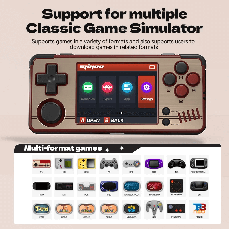 Miyoo A30 2 MiYoo A30, supporting multiple classic game emulators for nostalgic gaming experiences across various platforms