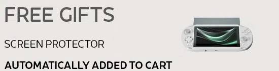Free gifts promotion showing a handheld gaming console with a screen protector automatically added to cart.
