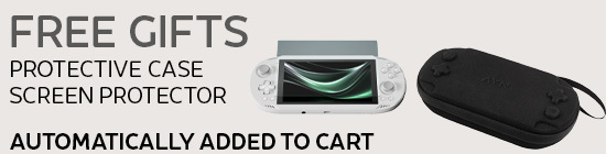 A promotional banner advertising "FREE GIFTS" that are "AUTOMATICALLY ADDED TO CART." The text is in a large, dark grey font on a light tan background. The listed gifts are a "PROTECTIVE CASE" and a "SCREEN PROTECTOR." To the right, a white handheld gaming console (AYN Odin 2) is shown with a screen protector film partially lifted, next to a black hard-shell carrying case with a wrist strap.