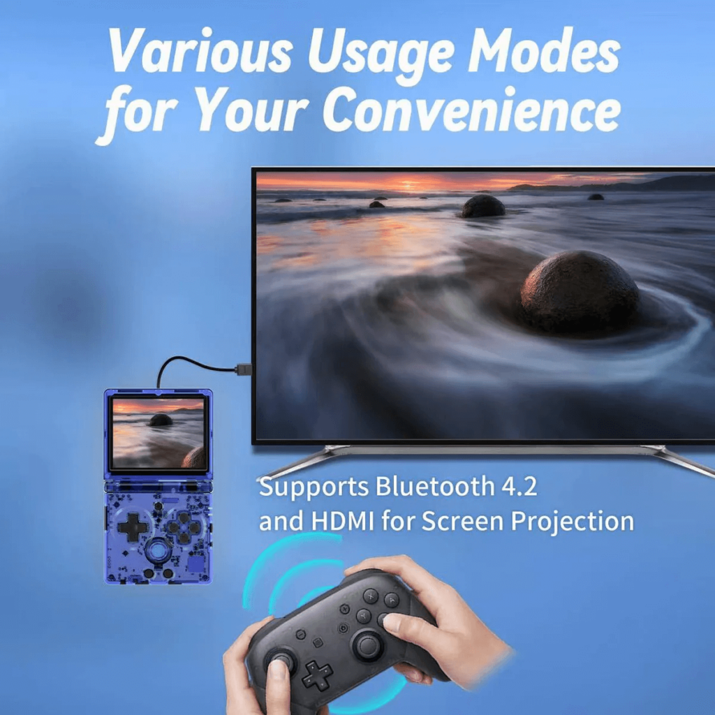 ANBERNIC RG35XXSP 7 Anbernic RG35xxSP handheld gaming console with versatile usage modes, Bluetooth 4.2 support, and HDMI connectivity. The console features a sleek design, vibrant screen, ergonomic controls, and a compact form factor ideal for portable gaming.