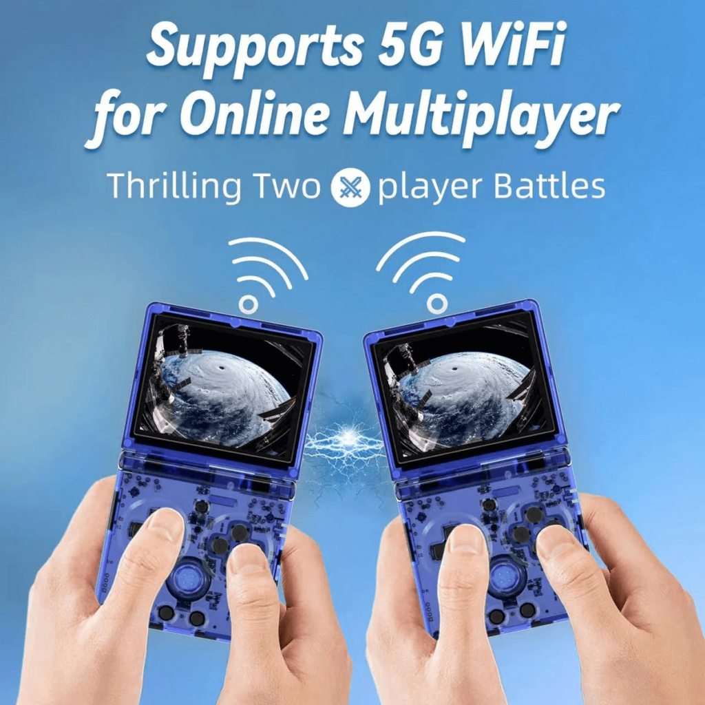 ANBERNIC RG35XXSP 8 Anbernic RG35xxSP handheld gaming console with 5G WiFi support for online multiplayer gaming. The console features a sleek design, vibrant screen, ergonomic controls, and a compact form factor ideal for portable gaming