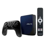 Rocktek G2 media streaming device with a wireless controller, showing a compact black streaming box and a matching black controller with multiple buttons for navigation and control.