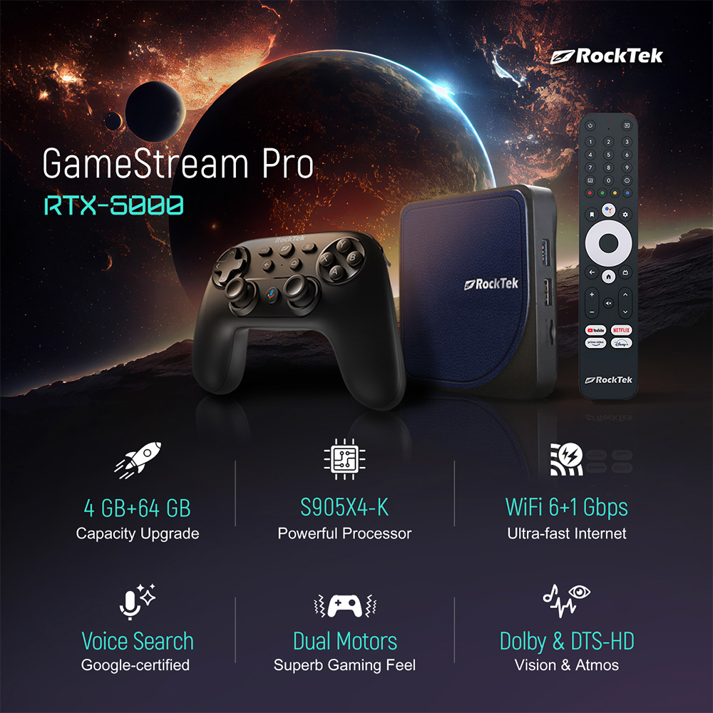 RockTek G2 RTX5000 2 Gamestream Pro RTX5000 gaming console with a sleek black design, featuring high-performance hardware optimized for smooth gameplay and advanced graphics rendering.