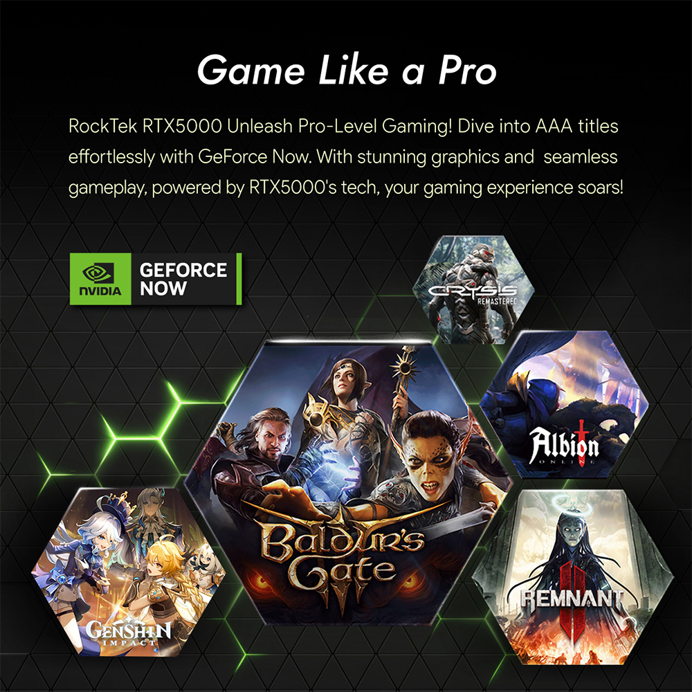 RockTek G2 RTX5000 3 Gamestream Pro RTX5000 gaming console with a sleek black design, featuring high-performance hardware optimized for smooth gameplay and advanced graphics rendering.
