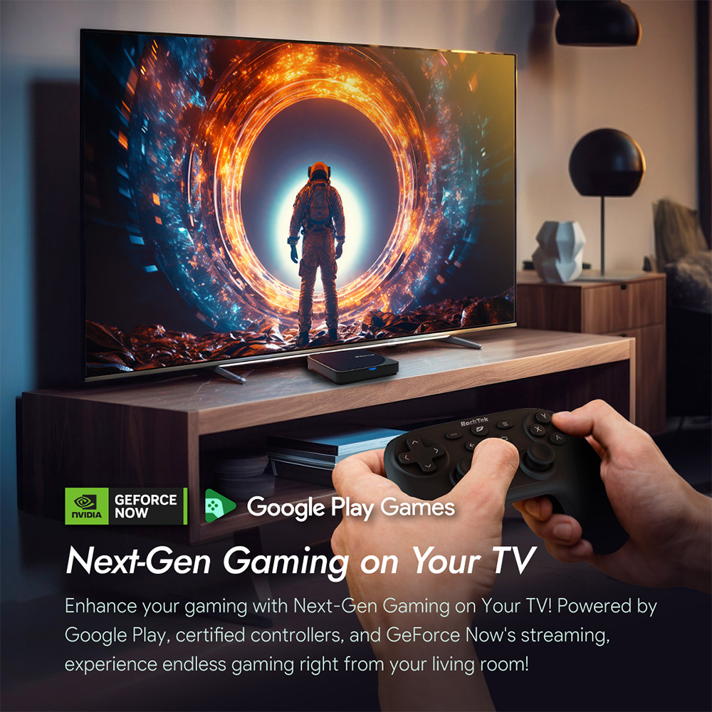 RockTek G2 RTX5000 4 Rocktek G2 media streaming device with remote control, featuring a sleek black design and a user-friendly remote with multiple buttons for easy navigation and media control.