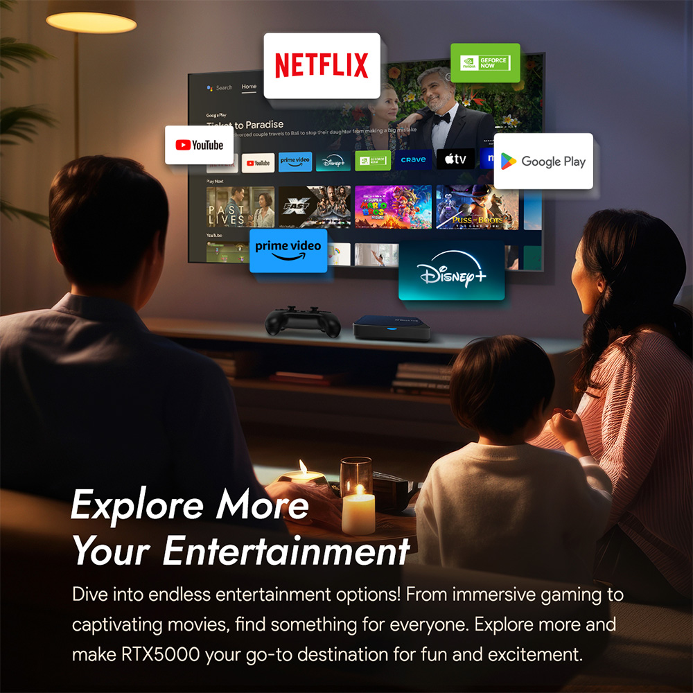 RockTek G2 RTX5000 6 Rocktek G2 media streaming device, compatible with Netflix and YouTube, featuring a sleek black design and a user-friendly remote control for easy access to popular streaming services.