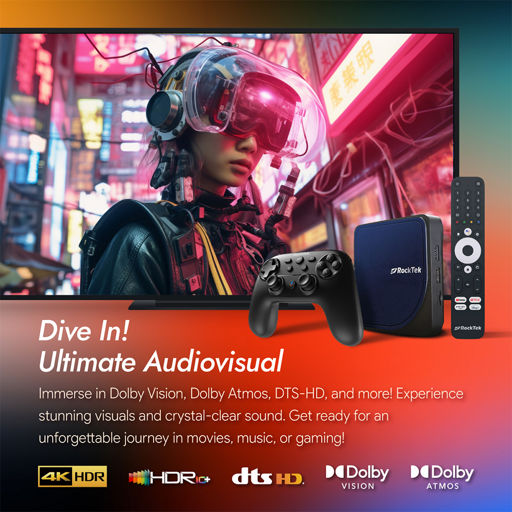 RockTek G2 RTX5000 7 Rocktek G2 media streaming device designed for gaming, featuring a sleek black design, high-performance capabilities, and a user-friendly remote control.