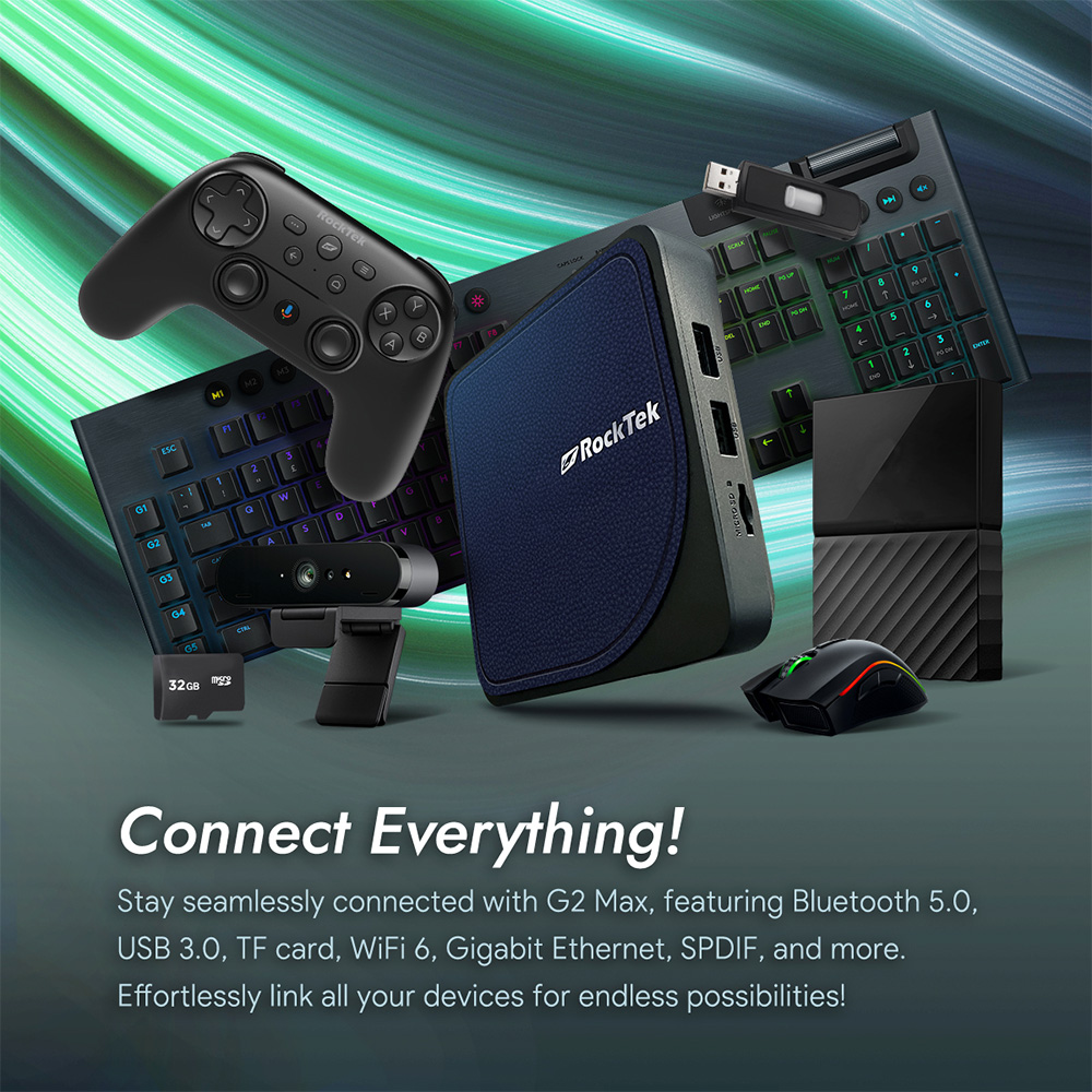 RockTek G2 RTX5000 8 Rocktek G2 media streaming device showing various connectivity options, including HDMI, USB ports, Ethernet, and Wi-Fi, for seamless integration with home entertainment systems