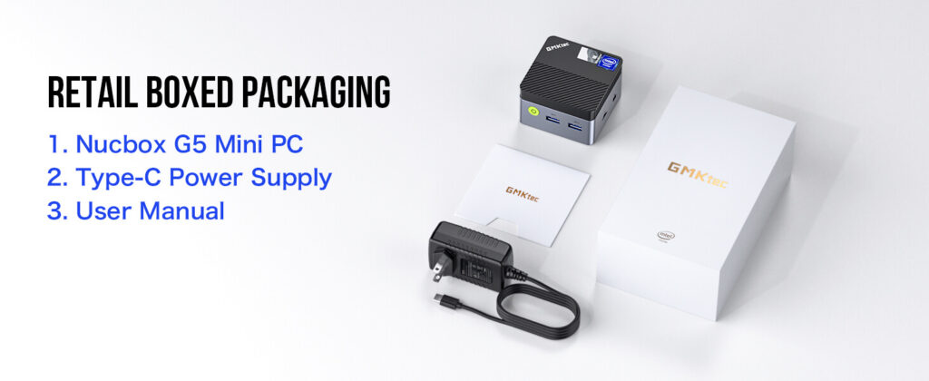 GMKTec NucBox G5 9 GMKtec NucBox G5 box contents include the mini PC itself, power adapter, user manual, and necessary cables for setup.