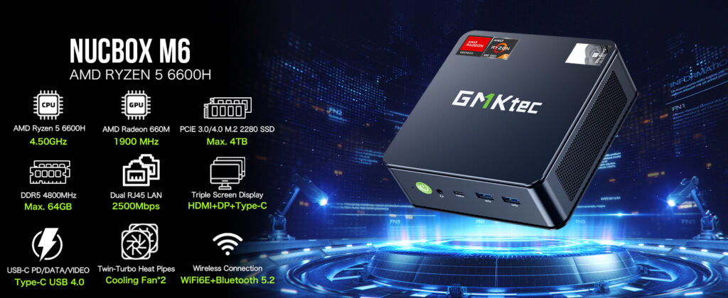 GMKTec NucBox M6 10 "GMKtec NucBox M6 mini PC featuring AMD Ryzen 5 6600H processor and Radeon 660M graphics, designed for powerful computing and graphics performance in a compact form factor."