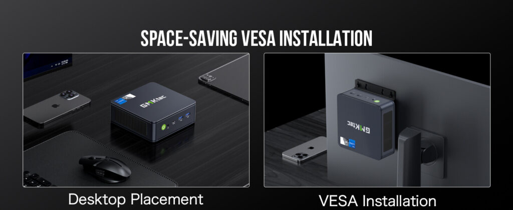 GMKTec NucBox K7 PLUS 6 GMKtec NucBox K7 Plus mini PC with VESA mount installation capability, ideal for space-saving setups behind monitors or on walls.