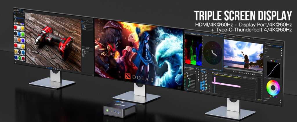 GMKTec NucBox K7 PLUS 5 GMKtec NucBox K7 Plus mini PC with triple-screen display capability, ideal for multitasking and maximizing productivity.