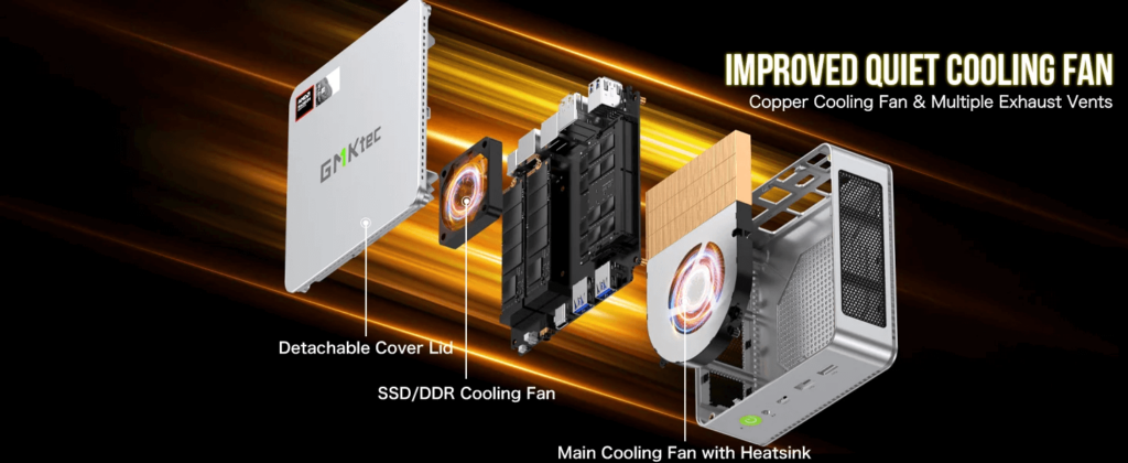 GMKTec NucBox K9 12 GMKtec NucBox K9 mini PC featuring an improved, quiet cooling fan for efficient heat dissipation and enhanced performance.