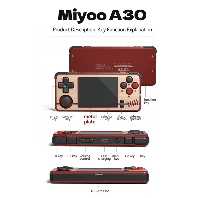 Miyoo A30 7 MiYoo A30 handheld console, highlighting its system parameters including processor, memory, and display specifications for optimal gaming performance.