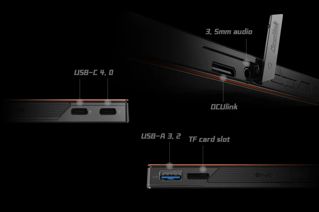 ONEXPLAYER X1 AMD 11 Two images demonstrating the device's biometric security features. On the left, a user is unlocking the device using facial recognition, while the right side shows a fingerprint unlock method. Both images emphasize the device's convenient and secure unlocking capabilities with icons for each biometric feature.