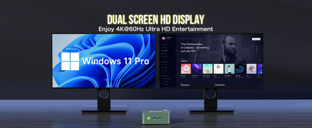 GMKTec NucBox G3 5 GMKtec mini PC connected to dual HD displays, showcasing its capability to support multiple screens simultaneously. The setup includes a sleek, compact black mini PC unit with HDMI ports used to connect two high-definition monitors displaying vibrant, crisp visuals