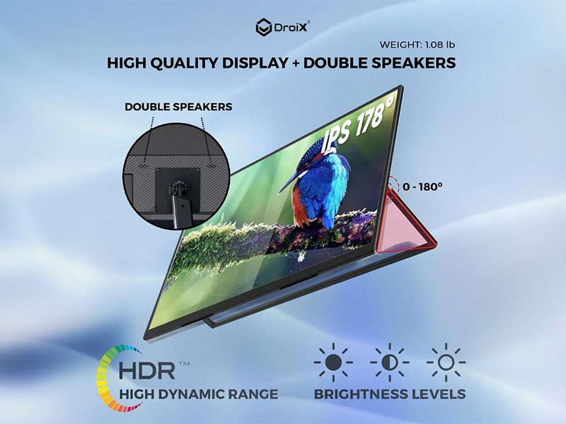 DroiX PM13 2K Portable Monitor 4 DroiX PM13 portable monitor featuring a 180° adjustable kickstand, enabling users to position the screen at various angles for optimal viewing comfort. It includes integrated 75x75mm VESA mount support for flexible mounting on compatible arms or stands. The PM13 also comes with built-in stereo speakers, each rated at 1.0W, providing a convenient audio solution without requiring external devices.