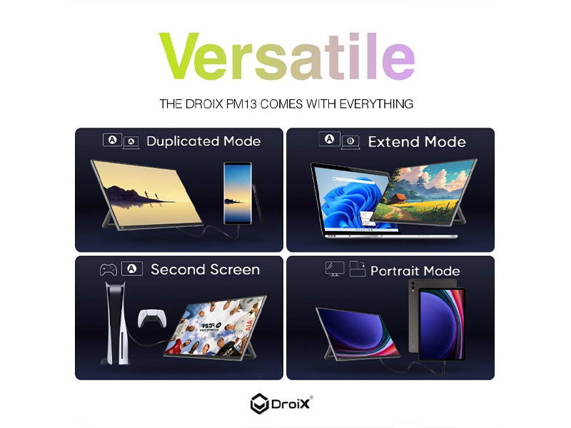 DroiX PM13 2K Portable Monitor 5 DroiX PM13 portable monitor exemplifies versatility with extensive compatibility and connectivity options. It features four modes: Duplicated Mode for mirroring content, Extend Mode for expanding workspace, Second Screen for gaming consoles, and Portrait Mode for vertical orientation. Ideal for professionals, gamers, and digital nomads, enhancing productivity and entertainment in diverse environments