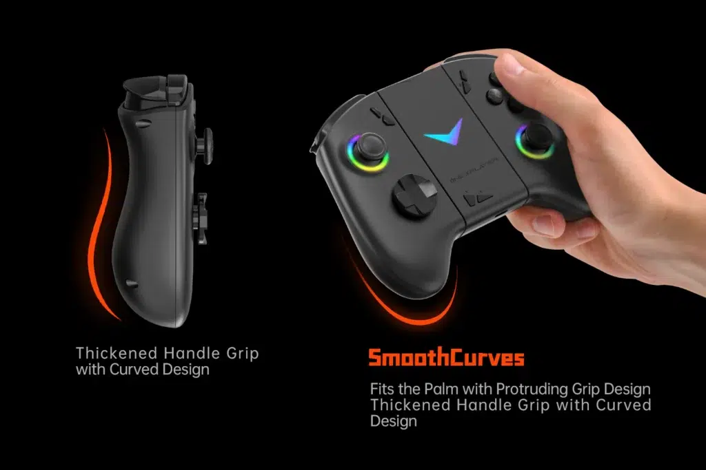 ONEXPLAYER X1 AMD 6 A game controller shown in two views: one from the side and one in-hand. The side view highlights the thickened handle grip with a curved design, emphasizing ergonomic comfort. The in-hand view showcases the controller's smooth curves, stating it "fits the palm with a protruding grip design." The controller features colored rings around the joysticks.