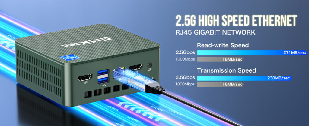 GMKTec NucBox G3 4 GMKtec G3 mini PC featuring 2.5G high-speed Ethernet with an RJ45 gigabit network port. The device boasts a sleek, compact black design with a front-facing power button and multiple connectivity options on the back, including HDMI, USB, and Ethernet