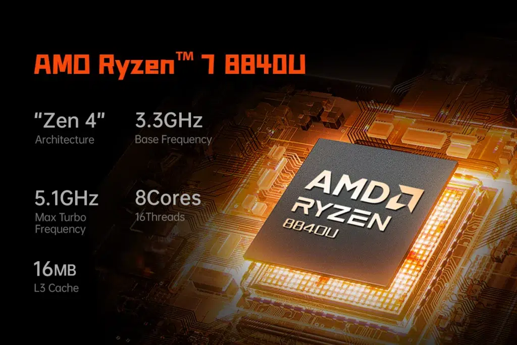 ONEXPLAYER X1 AMD 2 An illustration of the AMD Ryzen 7 8840U processor specifications. It shows details such as "Zen 4" architecture, 3.3GHz base frequency, 5.1GHz max turbo frequency, 8 cores, 16 threads, and 16MB L3 cache.