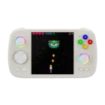 Front view render of the Anbernic RG Cube handheld gaming console in beige and white. The device has a compact, square-shaped design with a beige body and white buttons. The screen is centered with two control buttons on each side, and additional buttons below the screen. The console features a minimalist aesthetic with a retro-inspired look.