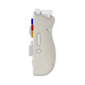 Side view render of the Anbernic RG Cube handheld gaming console in beige and white. The image shows the slim profile of the device, emphasizing its compact design. The beige body contrasts with the white buttons and controls, including a directional pad and various function buttons. The side view highlights the ergonomic shape and port placements, suggesting a blend of modern functionality with a retro-inspired color scheme
