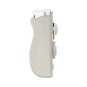 Side view render of the Anbernic RG Cube handheld gaming console in beige and white. The image shows the slim profile of the device, emphasizing its compact design. The beige body contrasts with the white buttons and controls, including a directional pad and various function buttons. The side view highlights the ergonomic shape and port placements, suggesting a blend of modern functionality with a retro-inspired color scheme