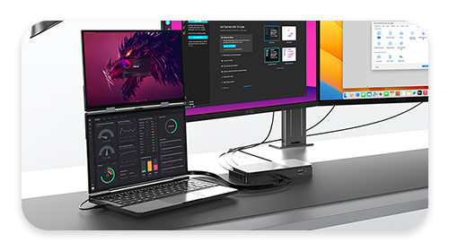 Dual Screen Laptop, The GPD Duo dual display laptop being used with a GPD G1 eGPU docking station to power multiple monitors.