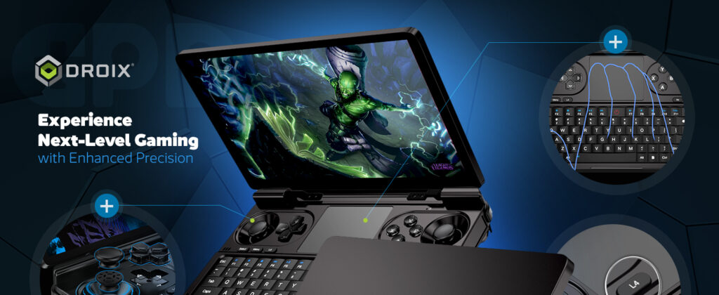 GPD WIN Mini 2024 12 The GPD Win Mini 2024 handheld gaming console, featuring a sleek clam-shell design, open to display the enhanced linear analog trigger buttons for next-level gaming with improved precision and control.