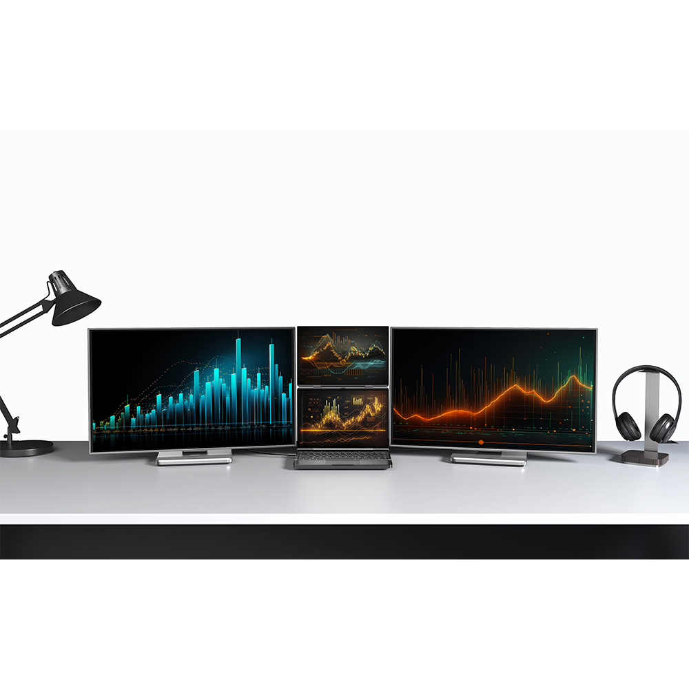 GPD DUO 4 A sleek workspace featuring a GPD Duo laptop with its secondary display connected. The setup includes three external monitors, all displaying various colorful graphs. The GPD Duo's secondary display is used as an extended screen, showing additional data. On the left, a modern desk lamp illuminates the area, and on the right, a pair of headphones rests on a stand. The arrangement demonstrates the versatility and utility of the GPD Duo's secondary display when connected to multiple devices using the USB-C port that supports DisplayPort Alt Mode.