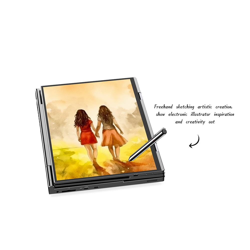 GPD DUO 5 The image showcases the GPD Duo, a versatile dual-screen laptop in tablet mode. It features two 13.3-inch OLED displays arranged vertically, with the top screen folded back. A stylus is shown interacting with the lower screen, which displays a colorful digital illustration of two women walking together in a warm, sunset-like environment. The image emphasizes the device's capability for freehand sketching and digital art creation. Text on the right side highlights the device's electronic illustrator inspiration and creativity features. This setup demonstrates the GPD Duo's potential for artistic and professional work in a portable, adaptable form factor.