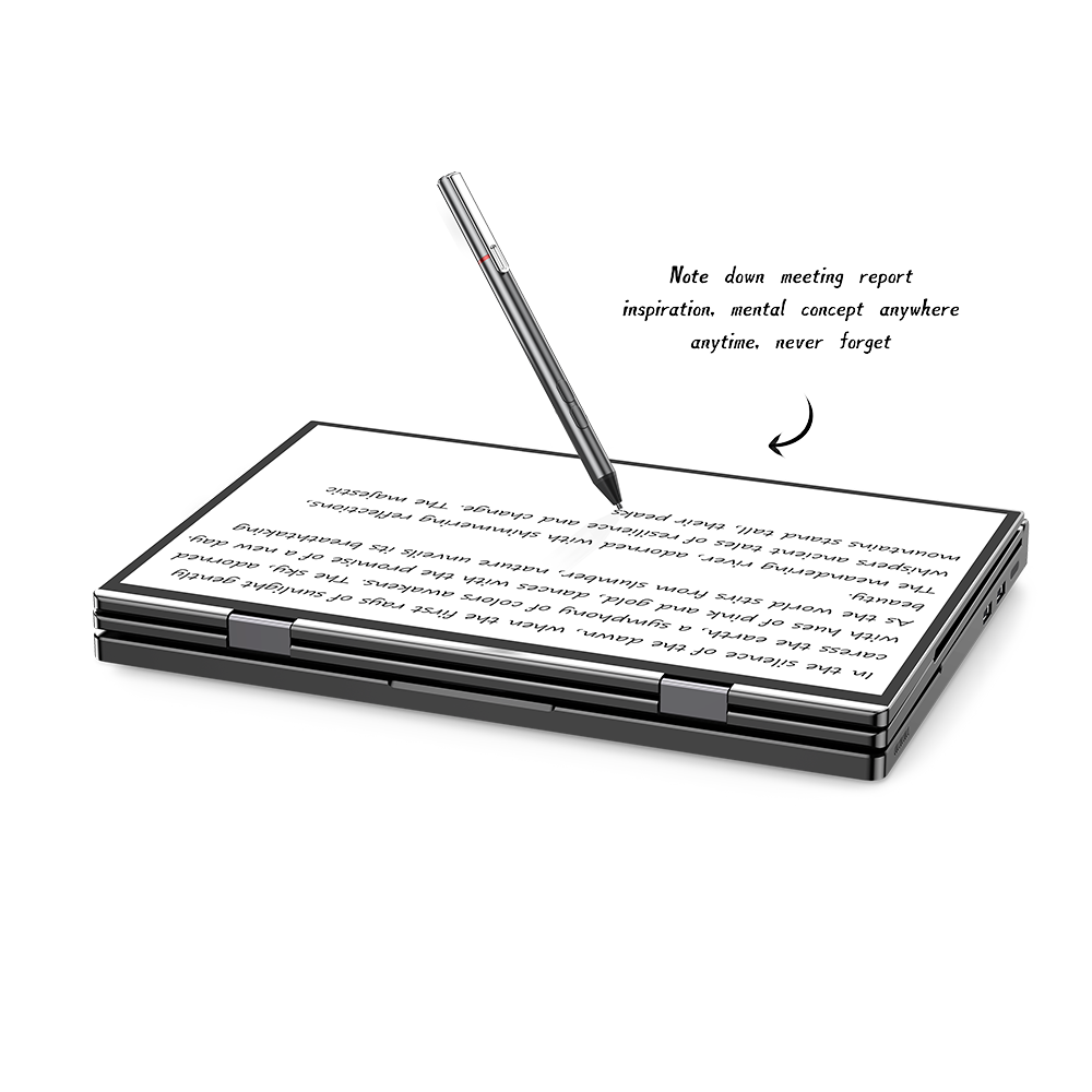 GPD DUO 6 A sleek, modern digital notebook device with a stylus. The device is shown in a folded laptop-like configuration with a screen displaying text. A thin, metallic stylus is poised above the screen. Text in the upper right reads "Note down meeting report inspiration, mental concept anywhere anytime, never forget" with an arrow pointing to the device. The image showcases the device's ability to digitally capture handwritten notes and ideas.
