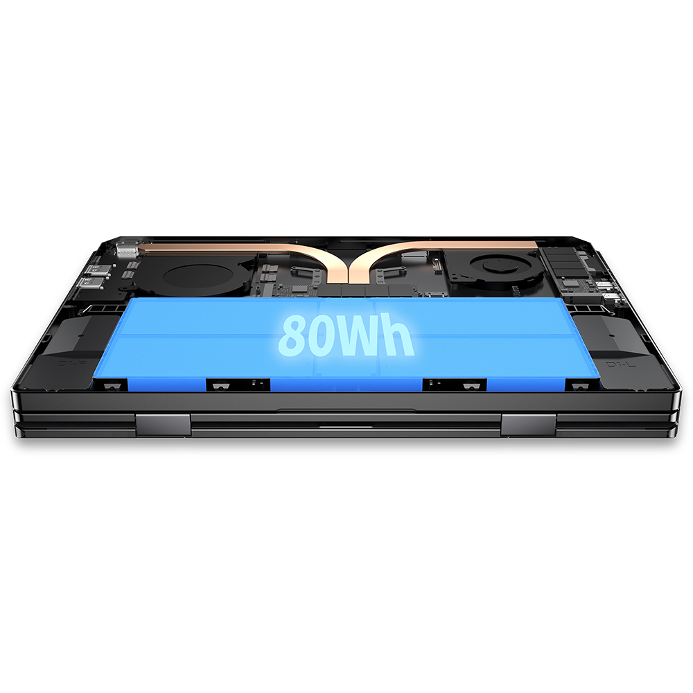 GPD DUO 8 The image displays the device's internal components, including the 80Wh battery prominently labeled in blue. The laptop's unique tri-fold structure is visible, with two 13.3-inch OLED screens that can be positioned in various configurations. The sleek black chassis and copper-colored heat dissipation system are also visible, highlighting the device's powerful internals and innovative cooling solution
