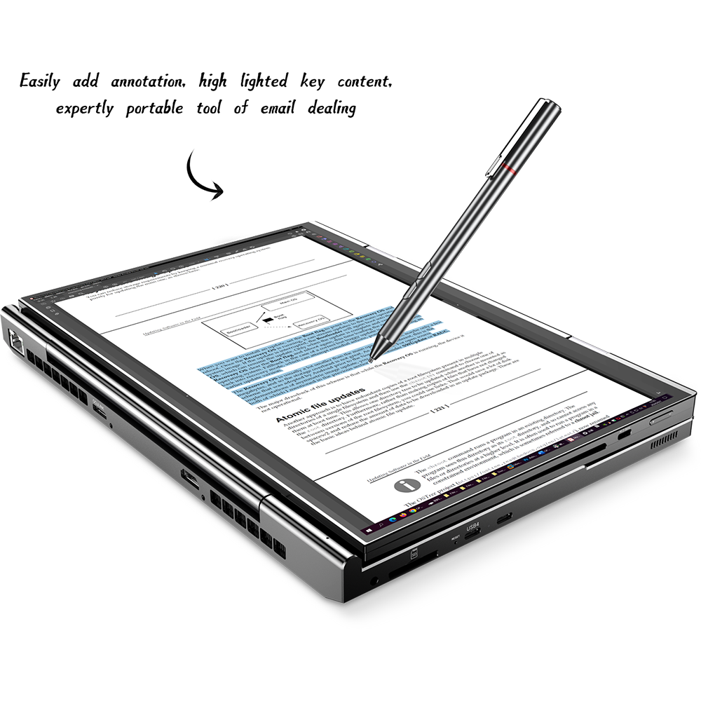 GPD DUO 7 An image of the GPD Duo laptop with dual 13.3-inch OLED screens in a vertical configuration. The device is shown open, displaying both screens with content, and a stylus is positioned on the lower screen. The laptop has a full-size keyboard and appears to be in a productivity setup, showcasing its tri-fold design capability