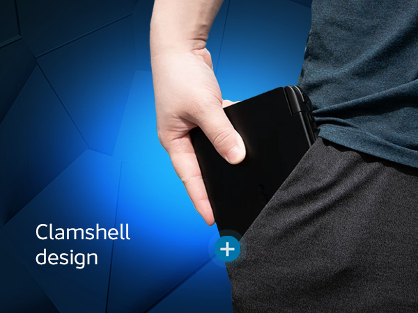 GPD WIN Mini 2024 4 A compact and sleek GPD Win Mini 2024 handheld gaming console in a clam-shell design, with the screen and keyboard visible when open, showcasing its ergonomic and portable build.