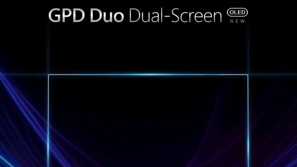 GPD DUO 3 Promotional image for GPD Duo Dual-Screen OLED device. Dark background with glowing blue and purple light effects. A rectangular outline suggests the device's shape, with 'GPD Duo Dual-Screen OLED NEW' text at the top.
