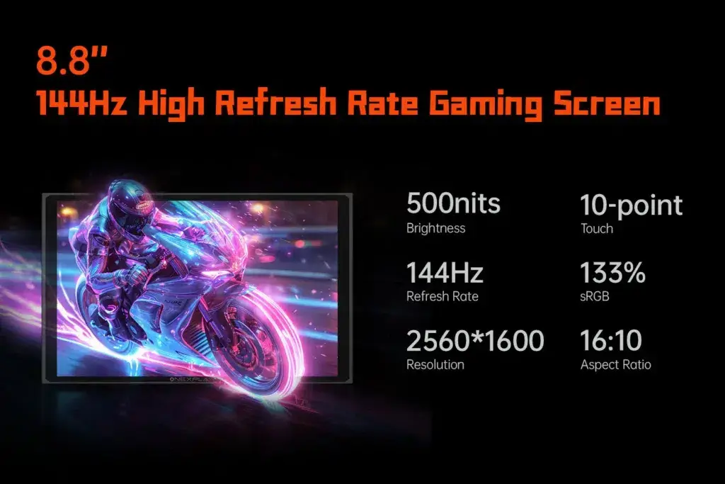 8.8-inch high-refresh-rate gaming screen specification featuring 500 nits brightness, 144Hz refresh rate, 2560x1600 resolution, 133% sRGB color gamut, 16:10 aspect ratio, and 10-point touch functionality, with a vibrant motorcycle racing image displayed on the screen.