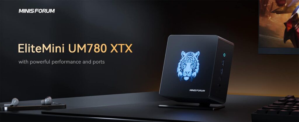 MINISFORUM EliteMini UM780 XTX 1 Minisforum UM780XTX Mini PC showcasing a sleek black design, equipped with a powerful AMD Ryzen 9 processor. The device features multiple connectivity ports, including USB, HDMI, and Ethernet, emphasizing its high performance and versatile connectivity options. It is depicted on a modern desk setup, highlighting its compact size and suitability for a powerful, space-saving computing solution.
