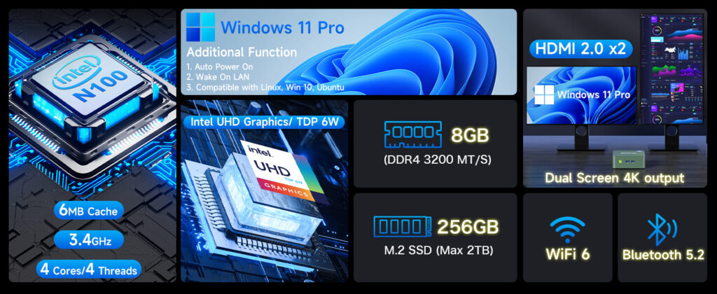 GMKTec NucBox G3 3 GMKtec G3 N100 mini PC running Windows 11 Pro, equipped with Intel UHD Graphics, WiFi 6, and Bluetooth 5.2. The compact black unit has a modern design with a smooth finish, front-facing power button, and an array of connectivity ports on the back, including HDMI, USB, and Ethernet.