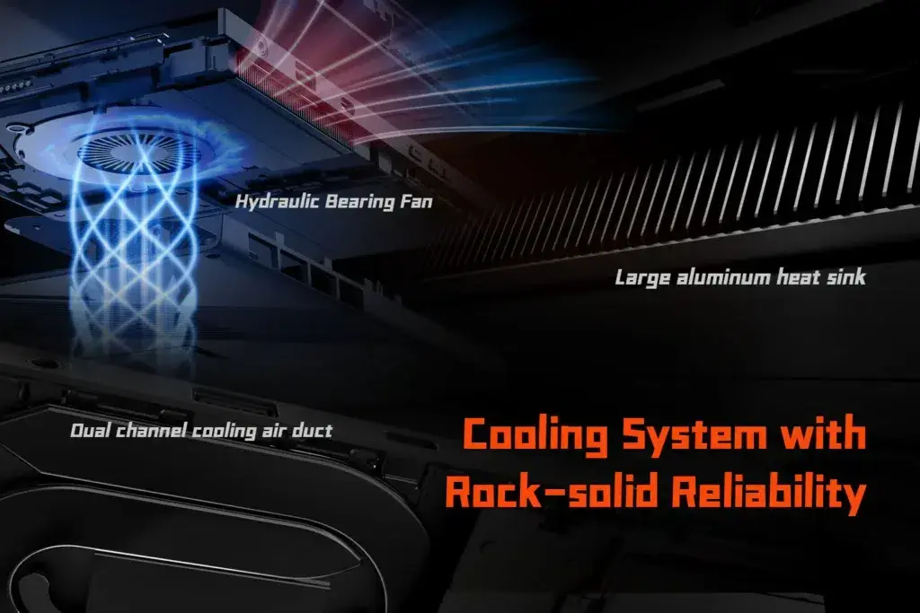 Illustration of the ONEXPLAYER X1 Mini's advanced cooling system featuring a hydraulic bearing fan, dual-channel cooling air duct, and a large aluminum heat sink for reliable and efficient thermal management