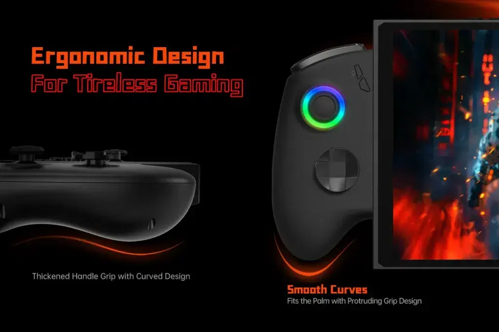 Detailed view of the ONEXPLAYER X1 Mini's ergonomic controller design with a thickened handle grip, smooth curves, and a protruding grip to fit comfortably in the palm, ensuring tireless gaming sessions