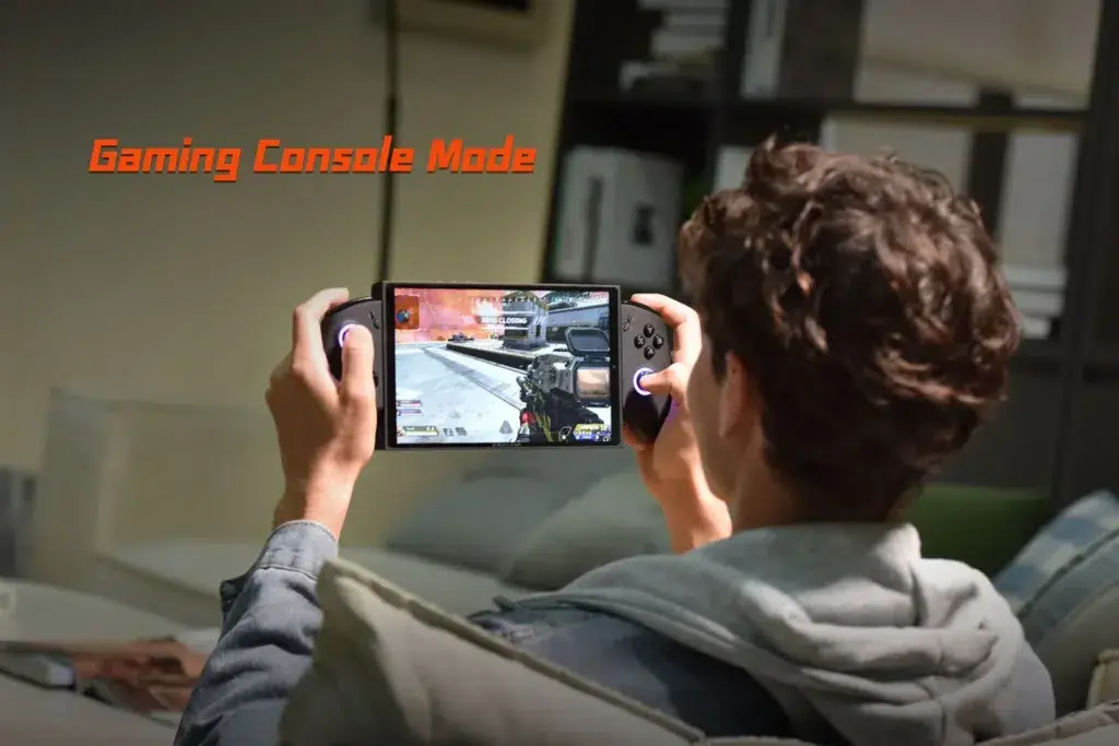 A user enjoying the ONEXPLAYER X1 Mini in gaming console mode while playing a first-person shooter game, emphasizing the console-like experience in a portable form factor.