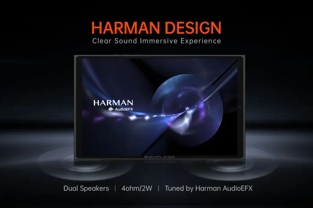 ONEXPLAYER X1 Mini's audio capabilities highlighted with dual speakers tuned by Harman AudioEFX, promising an immersive sound experience.