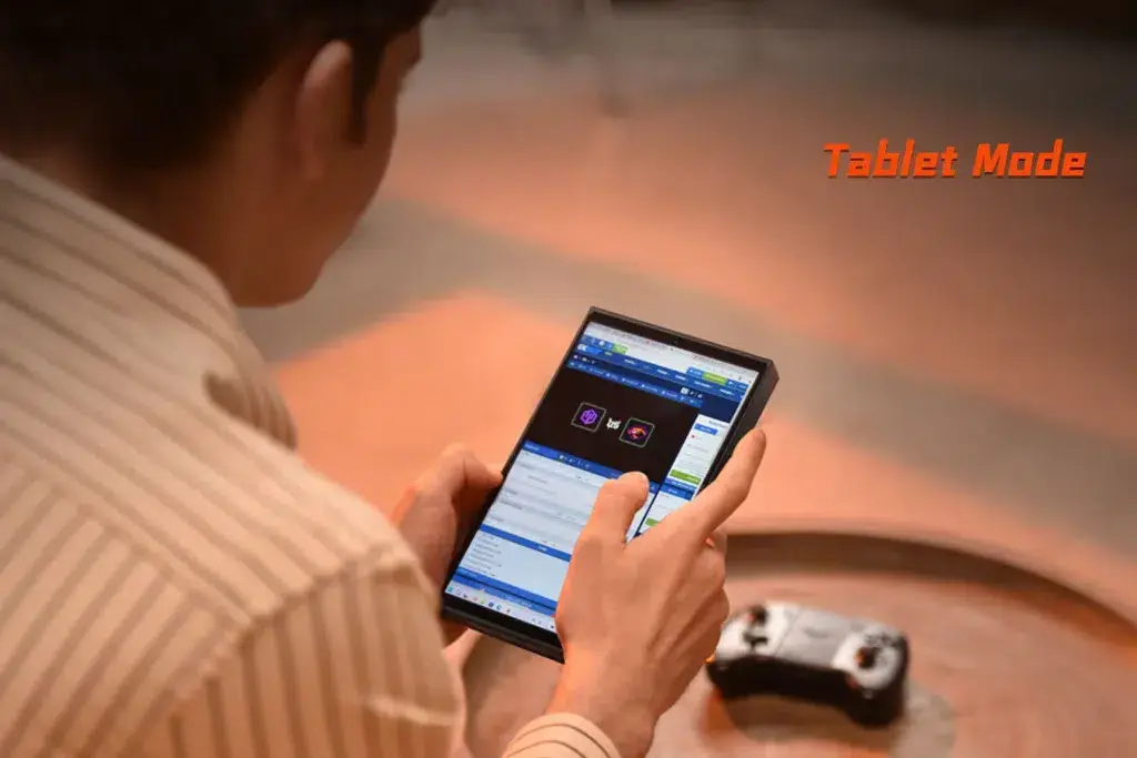 A person holding the ONEXPLAYER X1 Mini in Tablet Mode, browsing applications, emphasizing its touchscreen capabilities and portability.