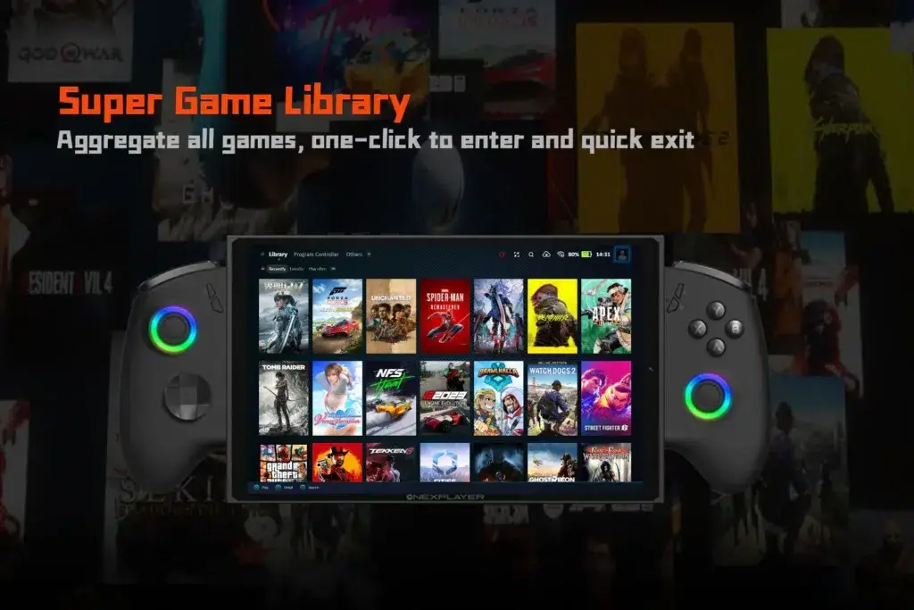 ONEXPLAYER X1 Mini displaying a curated Super Game Library with multiple game titles, allowing one-click access and quick exits for seamless gaming.