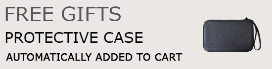 "Free Gifts - Protective Case automatically added to cart." The image shows a simple banner with the text promoting a free protective case gift that is automatically included when making a purchase. On the right side, there's an image of the protective case